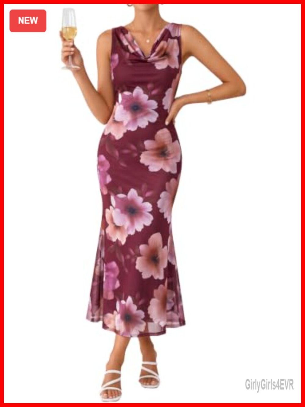 Women's Formal Wedding Guest Dress Cowl Neck Mesh Floral Garden Maxi